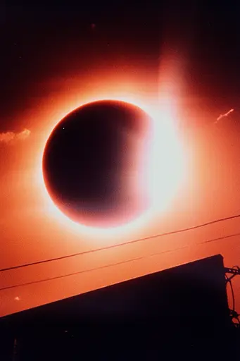 Midjourney generated image using SREF code Technicolor Twilight: A total solar eclipse is seen in the sky over a building.