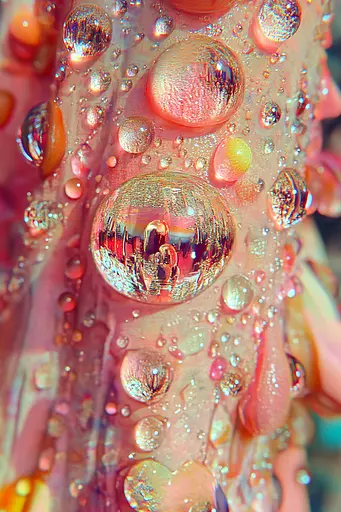 Midjourney generated image using SREF code Spicy Peach 🍑: A close up of water droplets on a pink flower.