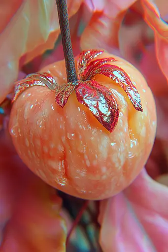 Midjourney generated image using SREF code Spicy Peach 🍑: A close up of a fruit on a tree branch.