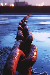 Midjourney generated image using SREF code Technicolor Twilight: A rusty chain is sitting in the water. 