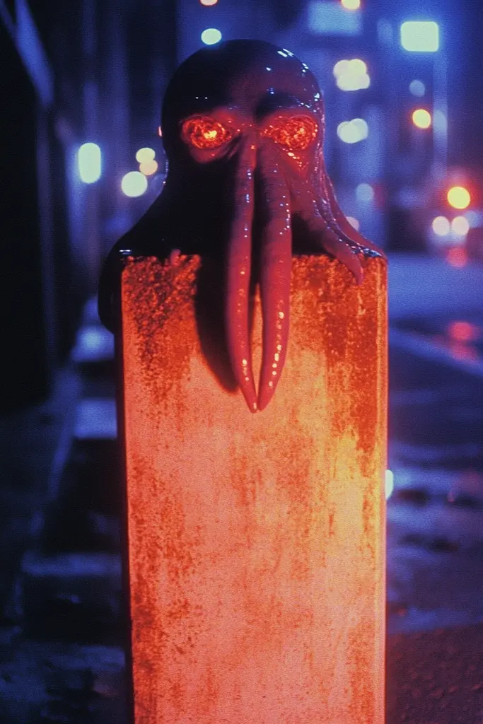 Midjourney generated image using SREF code Technicolor Twilight: A creepy looking octopus head on a pole in the middle of a city.