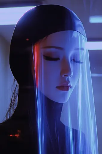 Midjourney generated image using SREF code Technicolor Twilight: A woman with a veil on her head in a dark room.