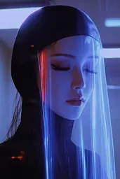 Midjourney generated image using SREF code Technicolor Twilight: A woman with a veil on her head in a dark room.