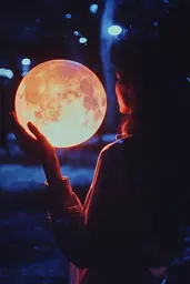 Midjourney generated image using SREF code Technicolor Twilight: A woman holding a glowing orange moon in her hand.