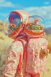 Midjourney generated image using SREF code Spicy Peach 🍑: A couple of astronauts standing next to each other in the desert.