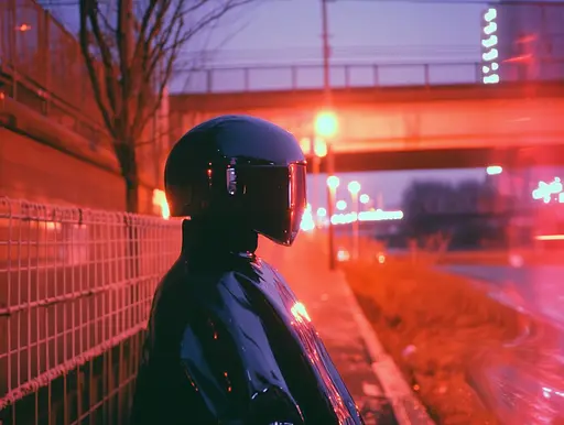 Midjourney generated image using SREF code Technicolor Twilight: A man in a black helmet standing in front of a fence.