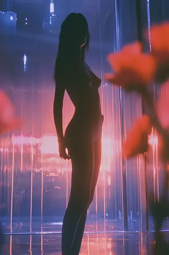 Midjourney generated image using SREF code Technicolor Twilight: A nude woman standing in front of a glass wall.