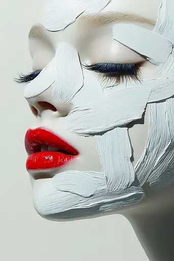 Midjourney generated image using SREF code Silken Fragments: A woman with white paint on her face and red lipstick.