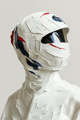 Midjourney generated image using SREF code Silken Fragments: A mannequin wearing a white mask with red, white and blue paint on it.