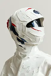 Midjourney generated image using SREF code Silken Fragments: A mannequin wearing a white mask with red, white and blue paint on it.