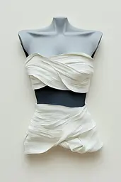 Midjourney generated image using SREF code Silken Fragments: A mannequin wearing a white top with a black top underneath it.