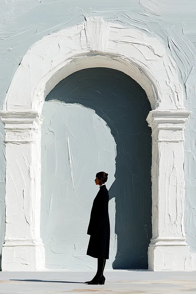 Midjourney generated image using SREF code Silken Fragments: A painting of a woman standing in front of an archway.