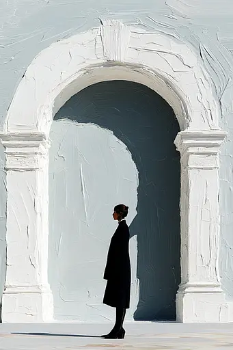 Midjourney generated image using SREF code Silken Fragments: A painting of a woman standing in front of an archway.