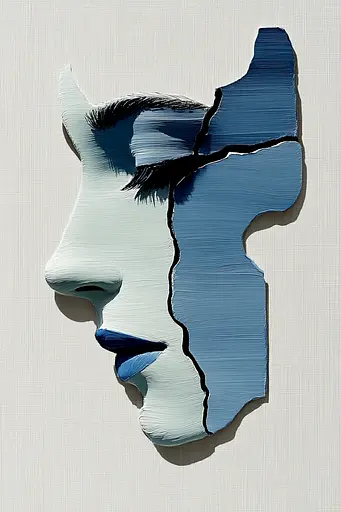 Midjourney generated image using SREF code Silken Fragments: A painting of a woman's face with a crack in it.