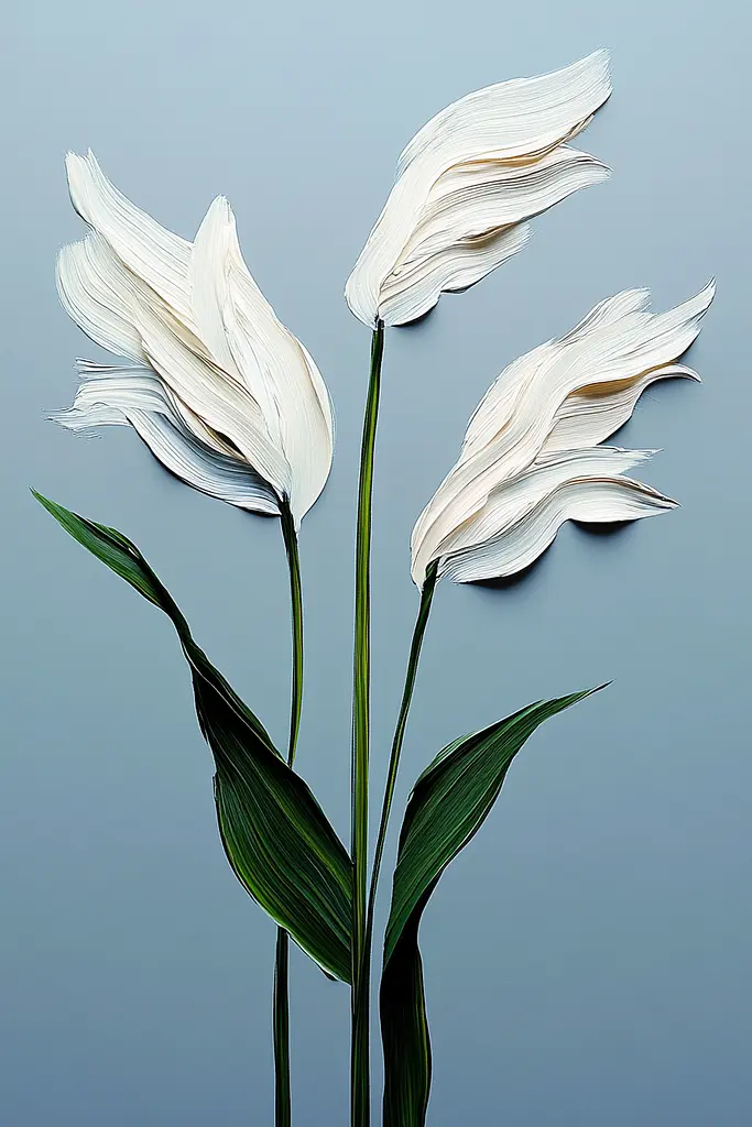 Midjourney generated image using SREF code Silken Fragments: Three white flowers in a vase on a blue background.