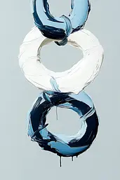 Midjourney generated image using SREF code Silken Fragments: A painting of three blue and white rings on a gray background.