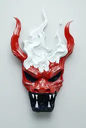 Midjourney generated image using SREF code Silken Fragments: A red and white mask with horns on a white wall.