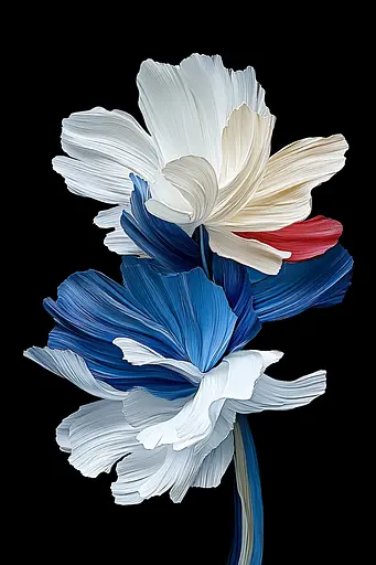 Midjourney generated image using SREF code Silken Fragments: A painting of two white and blue flowers on a black background.