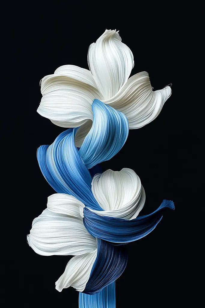 Midjourney generated image using SREF code Silken Fragments: A close up of a blue and white flower on a black background.