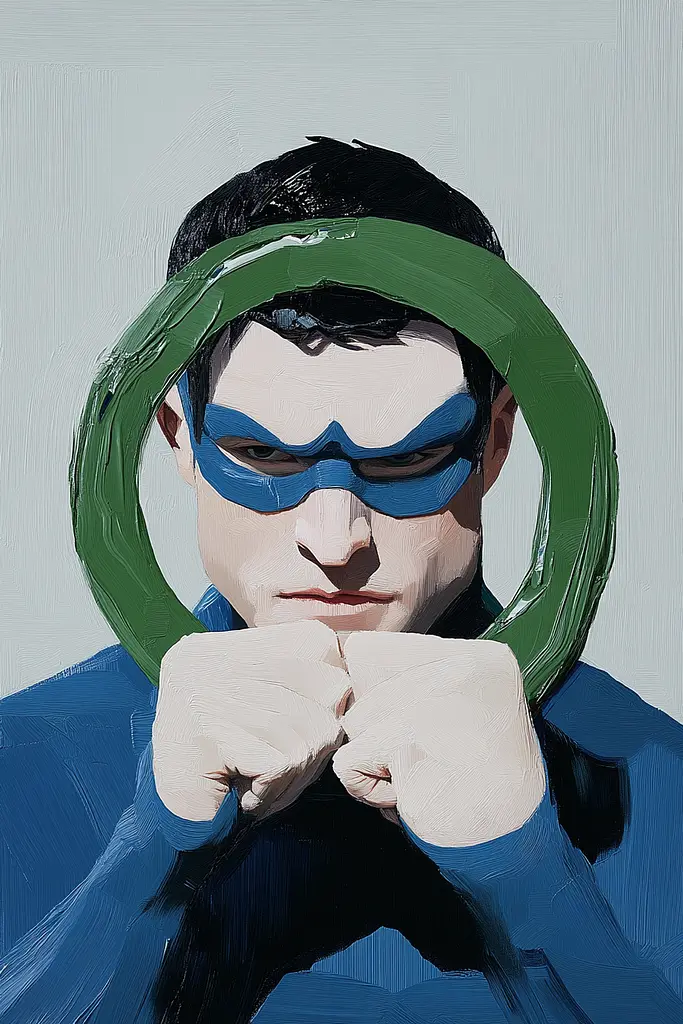 Midjourney generated image using SREF code Silken Fragments: A painting of a man in a blue and green costume.