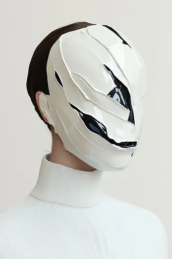 Midjourney generated image using SREF code Silken Fragments: A woman wearing a white mask with a black and white design.