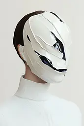 Midjourney generated image using SREF code Silken Fragments: A woman wearing a white mask with a black and white design.