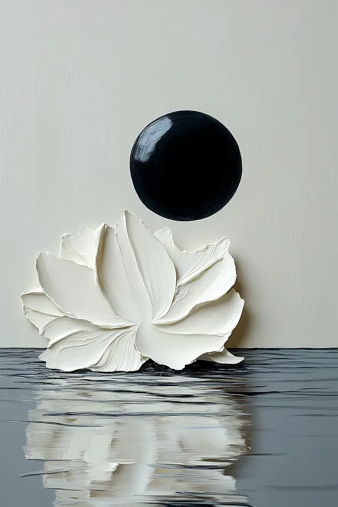 Midjourney generated image using SREF code Silken Fragments: A white flower sitting on top of a table next to a black ball.