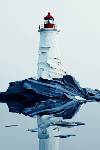 Midjourney generated image using SREF code Silken Fragments: A white and red lighthouse sitting on top of an iceberg.