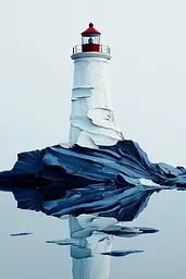 Midjourney generated image using SREF code Silken Fragments: A white and red lighthouse sitting on top of an iceberg.