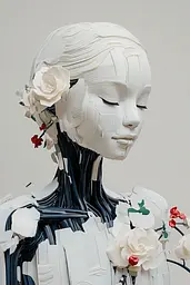 Midjourney generated image using SREF code Silken Fragments: A sculpture of a woman with flowers in her hair.