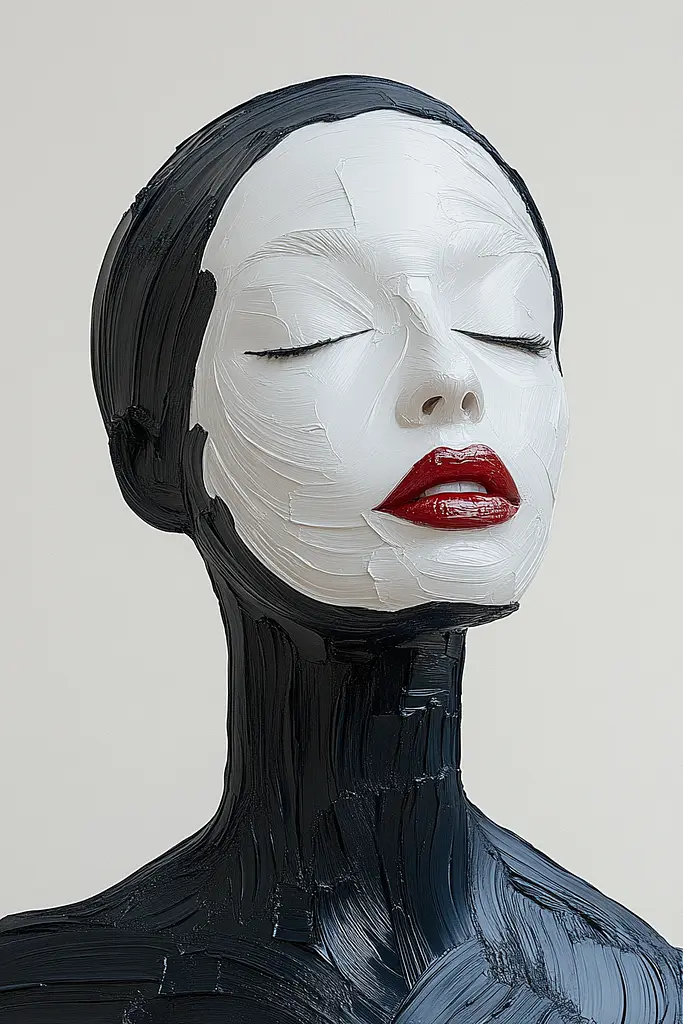 Midjourney generated image using SREF code Silken Fragments: A black and white sculpture of a woman with her eyes closed.