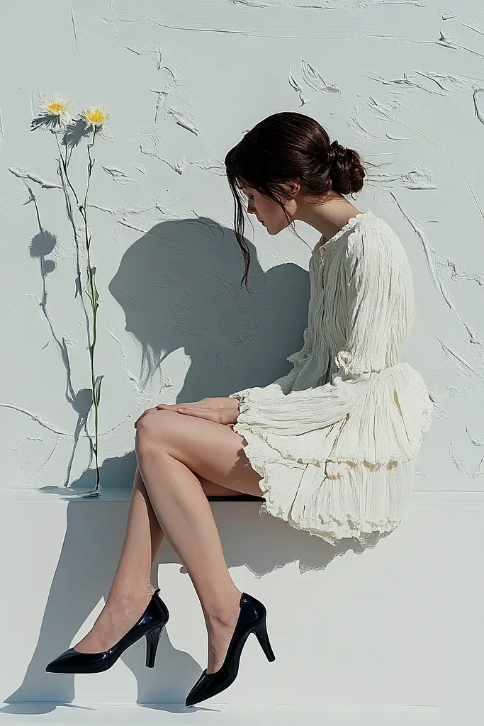 Midjourney generated image using SREF code Silken Fragments: A woman sitting on a ledge next to a white wall.