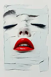 Midjourney generated image using SREF code Silken Fragments: a close up of a woman's face with red lipstick