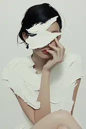 Midjourney generated image using SREF code Silken Fragments: A woman in a white dress with a white mask covering her face.