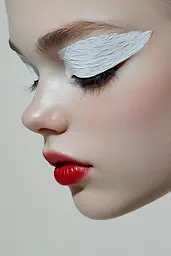 Midjourney generated image using SREF code Silken Fragments: A woman with white feathers on her eyelashes and red lipstick.