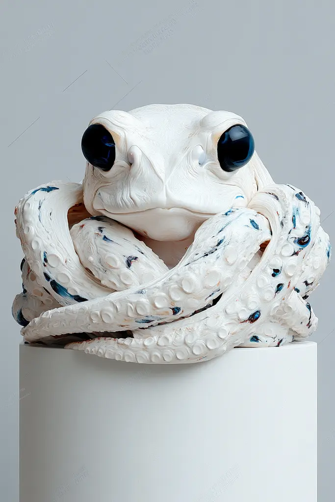 Midjourney generated image using SREF code Silken Fragments: A white sculpture of a frog sitting on top of a white pedestal.