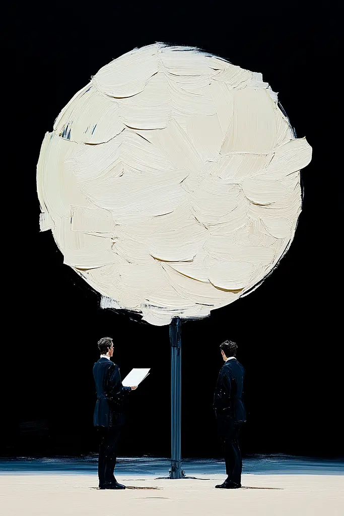 Midjourney generated image using SREF code Silken Fragments: Two men standing next to each other in front of a large white ball.