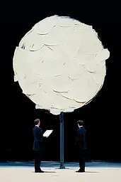 Midjourney generated image using SREF code Silken Fragments: Two men standing next to each other in front of a large white ball.