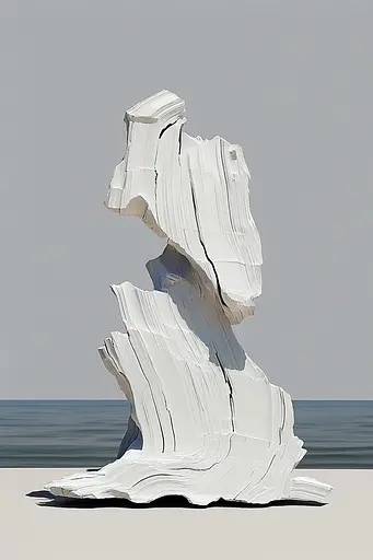 Midjourney generated image using SREF code Silken Fragments: A sculpture of a woman sitting on top of a rock by the ocean.