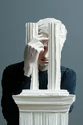 Midjourney generated image using SREF code Silken Fragments: A sculpture of a man covering his face with his hands.