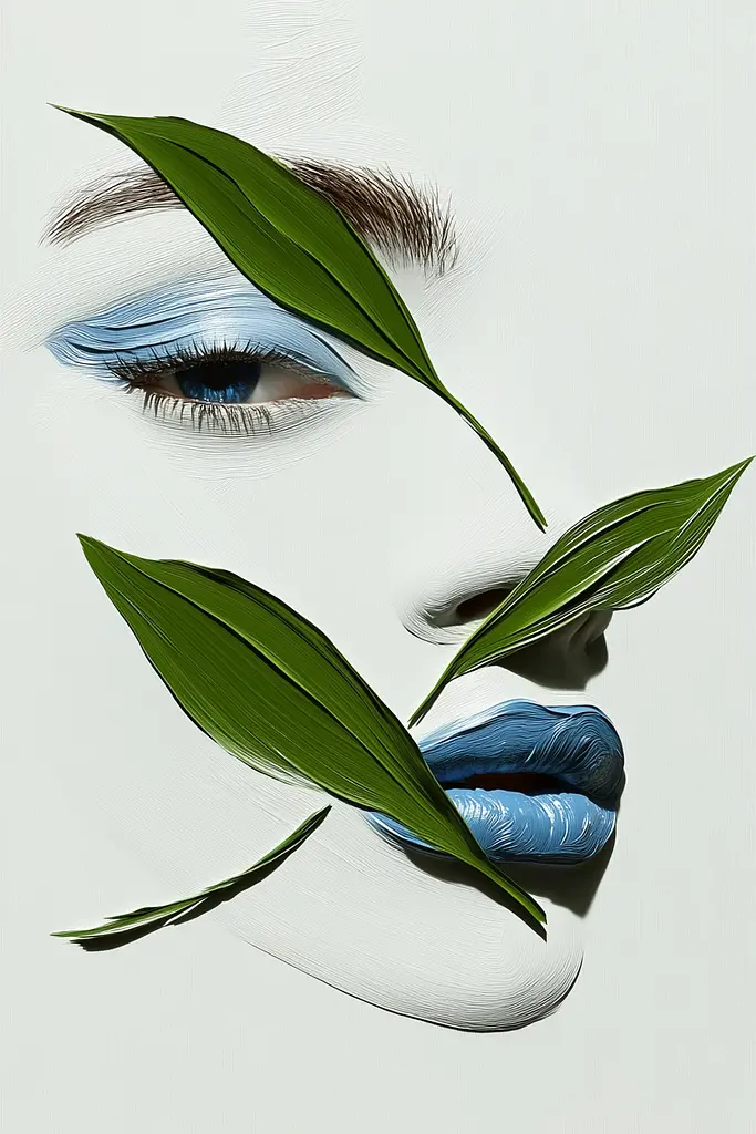 Midjourney generated image using SREF code Silken Fragments: A woman with blue lipstick and green leaves on her face.