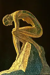 Midjourney generated image using SREF code Golden Gaze: A drawing of a man sitting on top of a rock.