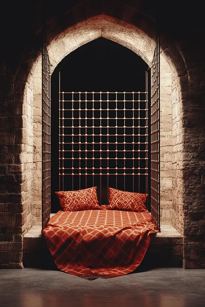 Midjourney generated image using SREF code Ballooned Identity: A bed in a room with a brick wall behind it.