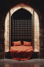 Midjourney generated image using SREF code Ballooned Identity: A bed in a room with a brick wall behind it.