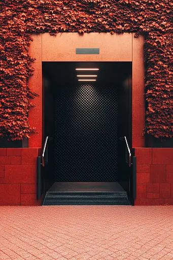 Midjourney generated image using SREF code Ballooned Identity: A black elevator with a red wall covered in ivy.