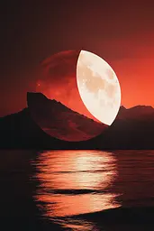 Midjourney generated image using SREF code Ballooned Identity: A red moon is reflected in the water of a lake.