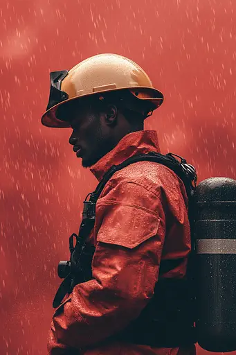 Midjourney generated image using SREF code Ballooned Identity: A man wearing a hard hat and carrying a fire extinguisher.