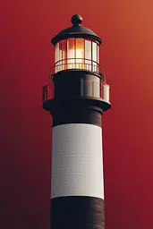 Midjourney generated image using SREF code Ballooned Identity: A black and white lighthouse with a red sky in the background.