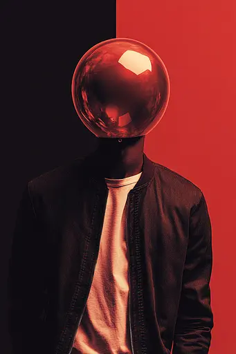 Midjourney generated image using SREF code Ballooned Identity: A man in a black jacket with a red sphere on his head.