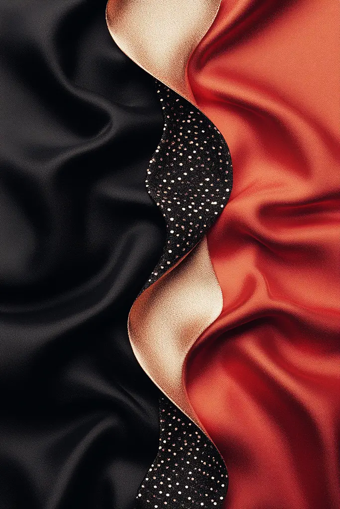 Midjourney generated image using SREF code Ballooned Identity: a close up of a black and red fabric with polka dots